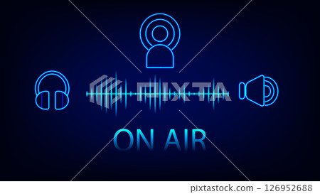 Neon podcast concept with headphones, microphone icon, sound wave, and speaker, glowing blue on dark background. Text ON AIR shows live broadcast theme 126952688