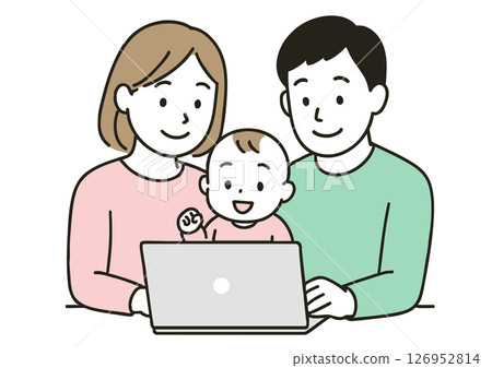 一家人正在看電腦的插圖(父母和嬰兒) 一家人正在看電腦的插圖(父母和嬰兒) 126952814
