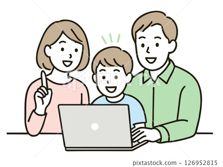 Illustration of a family looking at a computer (parents and an elementary school boy) Illustration of a family looking at a computer (parents and an elementary school boy) 126952815