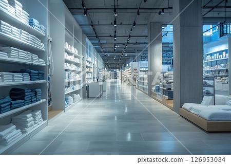 Home department with goods for the home. Textiles for the bathroom and bedroom are displayed on the shelves of the store. Generated by artificial intelligence 126953084