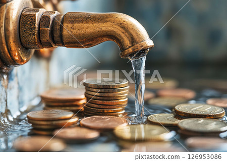 Money down the drain concept, illustrating rising water bills. A leaky faucet spilling water onto gold coins. 126953086
