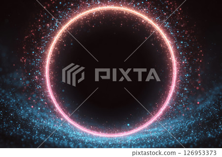 Futuristic glowing energy rings erupt with vibrant neon light Futuristic glowing energy rings erupt with vibrant neon light 126953373