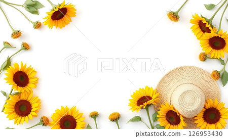 Frame surrounded by sunflowers and straw hats 126953430
