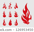 fire design over gray background vector illustration Fire flames, set vector icons Fire and flames outline icon set. Contour bonfire, linear flaming elements. Hand drawn monochrome different fire  126953450