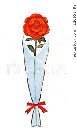 Bouquet of a single red rose, rose, watercolor, 1 rose, wrapping, gift, anniversary, celebration, present 126953498