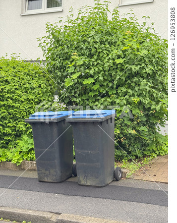Two blue-lidded trash bins are placed side by side on a sidewalk, adjacent to lush, green shrubs. The bins are for waste disposal in an urban environment. Two blue-lidded trash bins are placed side by side on a sidewalk, adjacent to lush, green shrubs. The bins are for waste disposal in an urban environment. 126953808