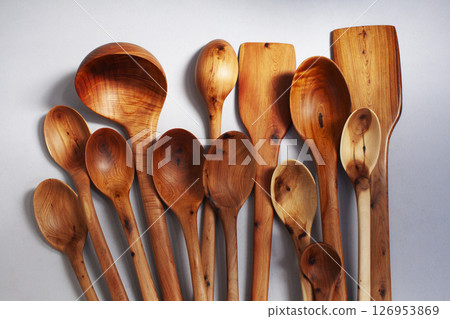 wooden kitchen collection stacked view closeup wooden kitchen collection stacked view closeup 126953869