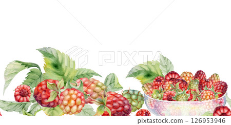Raspberry ripe berries with leaves served in glass bowls, hand drawn in watercolor, scattered picked harvest. Isolated seamless banner. Dessert cafe menu, cookbook, craft farmers market, gardening eco 126953946