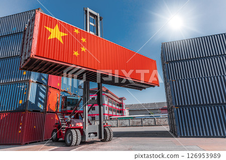 products container in shipping cargo port with Chinese flag for import export business from china concept 126953989