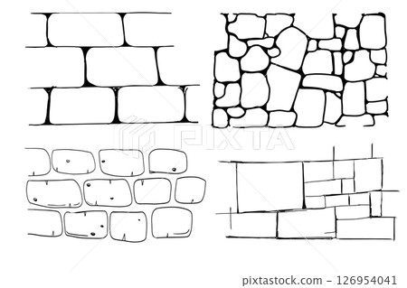 Stone brick line simple doodle wall. Sketch masonry wall. Hand drawn tile path. Outline drawing brick old rubble. Stone brick line simple doodle wall. Sketch masonry wall. Hand drawn tile path. Outline drawing brick old rubble. 126954041