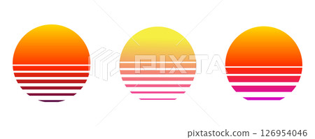 Retro vaporwave sun futuristic sunrise. Cyberpunk geometric planet. Synthwave vintage. Sun circle retrowave abstract. Retro vaporwave sun futuristic sunrise. Cyberpunk geometric planet. Synthwave vintage. Sun circle retrowave abstract. 126954046
