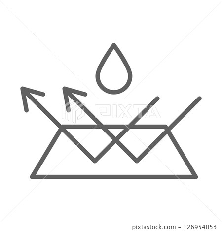 Waterproof icon water protection, surface protection from liquid. Line arrow and water drop. Weather protection symbol. Rainproof material. Simple resistant defence. Waterproof icon water protection, surface protection from liquid. Line arrow and water drop. Weather protection symbol. Rainproof material. Simple resistant defence. 126954053