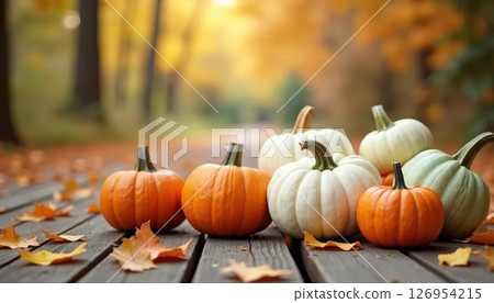 Autumn pumpkins with falling leaves on rustic wood floor in sunlight. Concept of harvest, Thanksgiving, and Halloween. 126954215
