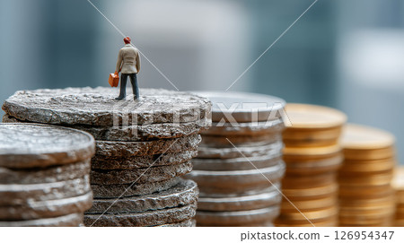 A miniature model of a businessman standing on a gold coin with skyscrapers in the background 126954347