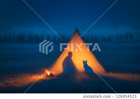 Silhouettes of Person and Cat Inside Glowing Tent at Dusk on Altay Grasslands Silhouettes of Person and Cat Inside Glowing Tent at Dusk on Altay Grasslands 126954523