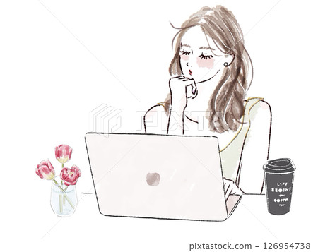 Woman PC Tulip Flower Coffee Cafe 126954738