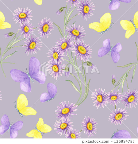 Large asters with soft violet petals and yellow centers mixed with flying butterflies in a watercolor seamless pattern. Wildflowers and insects clipart Excellent for fabric, paper, or gift wrap 126954785