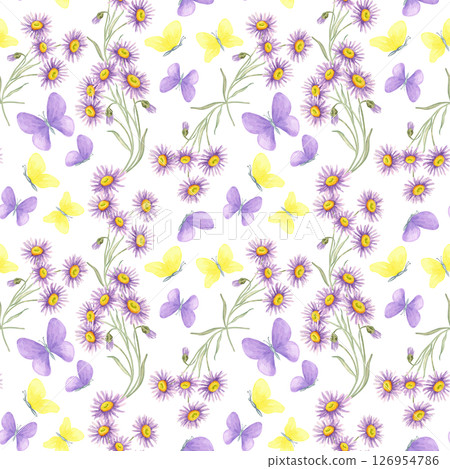 Violet and yellow butterflies flutter among asters in this watercolor seamless pattern. Wildflowers and insects clipart Perfect for spring wrapping, planner pages, or kids textile prints Violet and yellow butterflies flutter among asters in this watercolor seamless pattern. Wildflowers and insects clipart Perfect for spring wrapping, planner pages, or kids textile prints 126954786