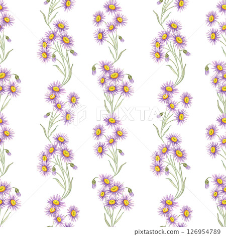 Single aster stems repeat vertically on watercolor seamless pattern with soft green leaves. Wildflower clipart Use for wallpaper, stationery, notebook covers, or fashion accessories 126954789