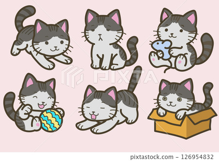 Cute Cartoon Cats Playing in Various Poses - Vector Illustration 126954832