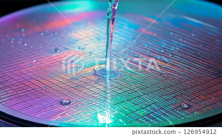 3D CG illustration of a wafer being cleaned in a semiconductor manufacturing factory, close-up 3D CG illustration of a wafer being cleaned in a semiconductor manufacturing factory, close-up 126954912