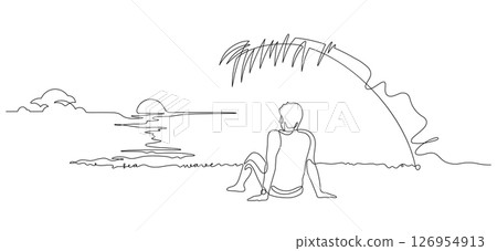 sitting alone looking sunset scenic one line drawing 126954913