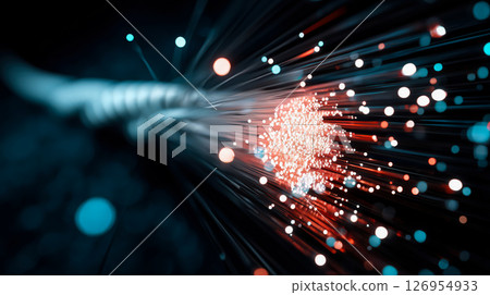 High-tech fiber optic cable emitting a vibrant red glow of digital data in a dark futuristic space 126954933