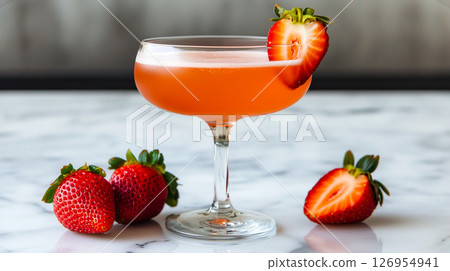 Strawberry daiquiri cocktail with fresh strawberry garnish in a coupe glass on marble background 126954941