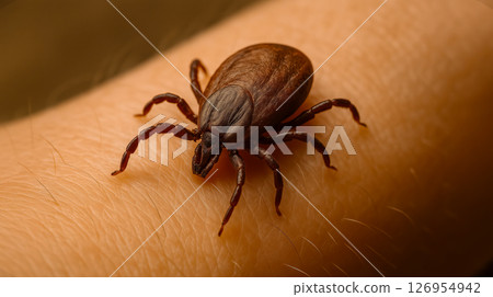 Close-up of a brown tick crawling on human skin with detailed texture and sharp focus 126954942