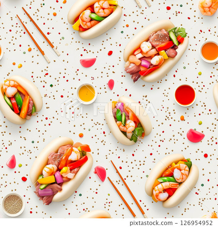 Seamless pattern of bao buns with shrimp, vegetables, and sesame seeds, accompanied by dipping sauces and chopsticks, arranged on a light background for a fresh and modern food-inspired design Seamless pattern of bao buns with shrimp, vegetables, and sesame seeds, accompanied by dipping sauces and chopsticks, arranged on a light background for a fresh and modern food-inspired design 126954952