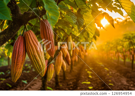 Close-up of cacao pods growing on a tree in a tropical plantation, with golden sunlight filtering through lush green leaves, capturing a warm and serene morning atmosphere 126954954