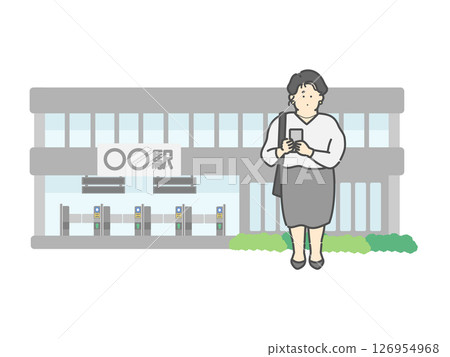 操作智慧型手機的女人車站大樓插圖 126954968