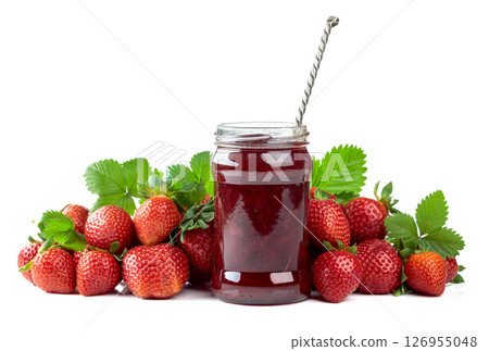 Strawberry jam and fresh berries are isolated on a white background. Strawberry jam and fresh berries are isolated on a white background. 126955048