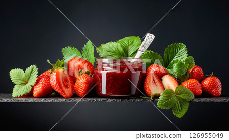 Strawberry jam and fresh berries on a black background. Strawberry jam and fresh berries on a black background. 126955049