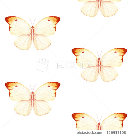 Cream and orange butterflies on a white background. Seamless watercolor pattern, hand-painted. Ideal for textiles, branding, packaging, wedding decor, stationery, and creative business projects Cream and orange butterflies on a white background. Seamless watercolor pattern, hand-painted. Ideal for textiles, branding, packaging, wedding decor, stationery, and creative business projects 126955108