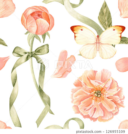 Peonies, butterfly, petals, and green ribbon watercolor seamless pattern on white. Hand-painted in soft pastel tones. Ideal for wedding stationery, branding, textiles, packaging, feminine design 126955109