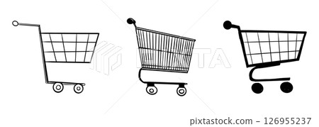 Shopping cart empty trolley doodle, supermarket basket, bag, net shopper simple line. Craft bag, trade icon set, sketch grocery shopping. 126955237