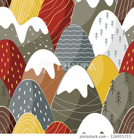 Seamless pattern with fairy hand drawn mountains landscape. Vector background in Scandinavian style. Seamless pattern with fairy hand drawn mountains landscape. Vector background in Scandinavian style. 126955253