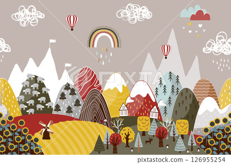 Cute seamless border pattern with doodle hand drawn mountains and fields landscape. Creative children texture for kids fabrics, decor, wallpapers. Modern cartoon style vector illustration. 126955254