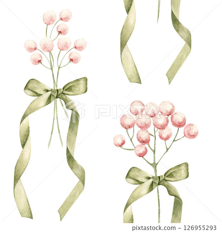 Pink berries tied with green satin bows, loose ribbons. Seamless watercolor pattern, hand-painted. Perfect for gift wrap, branding, wedding decor, fabric, packaging, and creative design projects 126955293