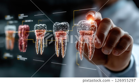 Dentist analyses a tooth X-ray holographic film. The concept of dental care, diagnostics, and precision in oral health treatment with modern technology. Generative AI. 126955297