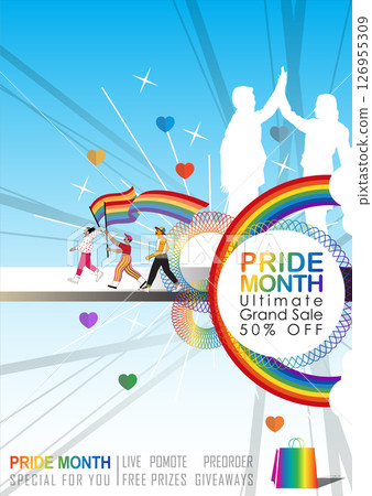 Pride Month sale! Celebrate love & diversity with our Ultimate Grand Sale banner Template and colorful LGBT rainbow design. The copy space banner background for vector and illustration. Pride Month sale! Celebrate love & diversity with our Ultimate Grand Sale banner Template and colorful LGBT rainbow design. The copy space banner background for vector and illustration. 126955309