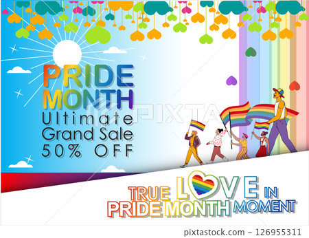Pride Month sale! Celebrate love & diversity with our Ultimate Grand Sale banner Template and colorful LGBT rainbow design. The copy space banner background for vector and illustration. Pride Month sale! Celebrate love & diversity with our Ultimate Grand Sale banner Template and colorful LGBT rainbow design. The copy space banner background for vector and illustration. 126955311