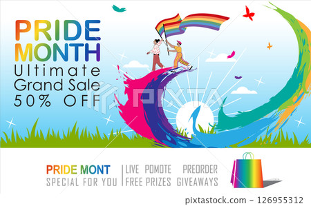 Pride Month sale! Celebrate love & diversity with our Ultimate Grand Sale banner Template and colorful LGBT rainbow design. The copy space banner background for vector and illustration. Pride Month sale! Celebrate love & diversity with our Ultimate Grand Sale banner Template and colorful LGBT rainbow design. The copy space banner background for vector and illustration. 126955312