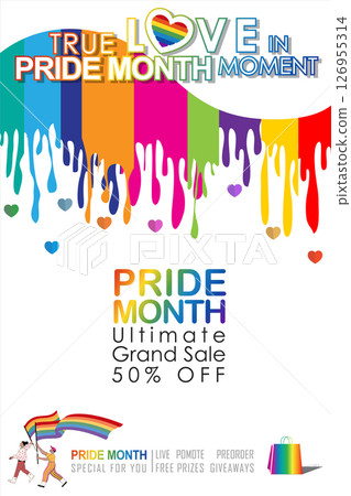 Pride Month sale! Celebrate love & diversity with our Ultimate Grand Sale banner Template and colorful LGBT rainbow design. The copy space banner background for vector and illustration. 126955314