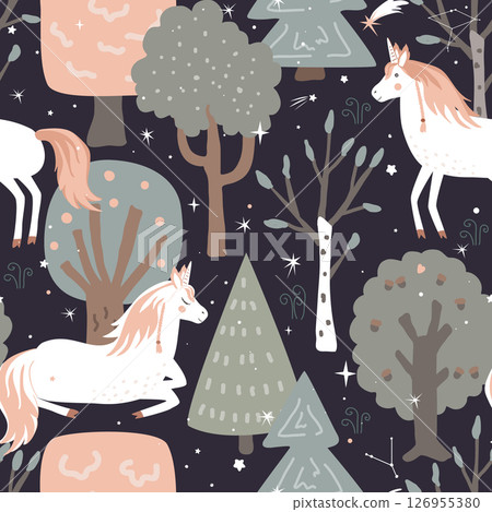 Seamless vector pattern with unicorns and magic forest. Vintage fairy background. Vector illustration. Seamless vector pattern with unicorns and magic forest. Vintage fairy background. Vector illustration. 126955380