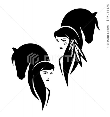 native american woman and wild mustang horse head black and white vector portrait 126955420