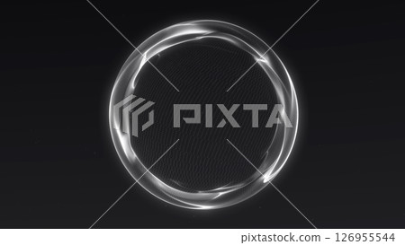 Minimal glowing white tech sphere with wireframe and fractal light effects. Clean and futuristic digital core for high-tech design. 126955544