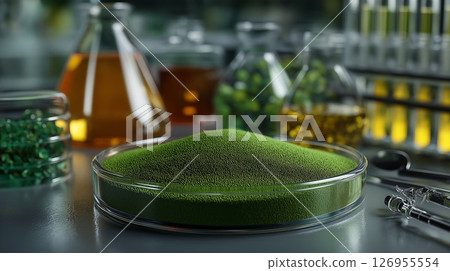 A mound of fine green powder sits in a petri dish among various scientific glassware 126955554