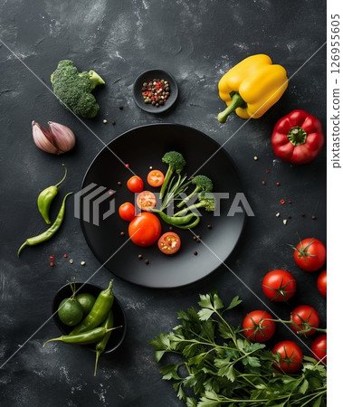 Fresh vegetables arranged on a dark plate 126955605